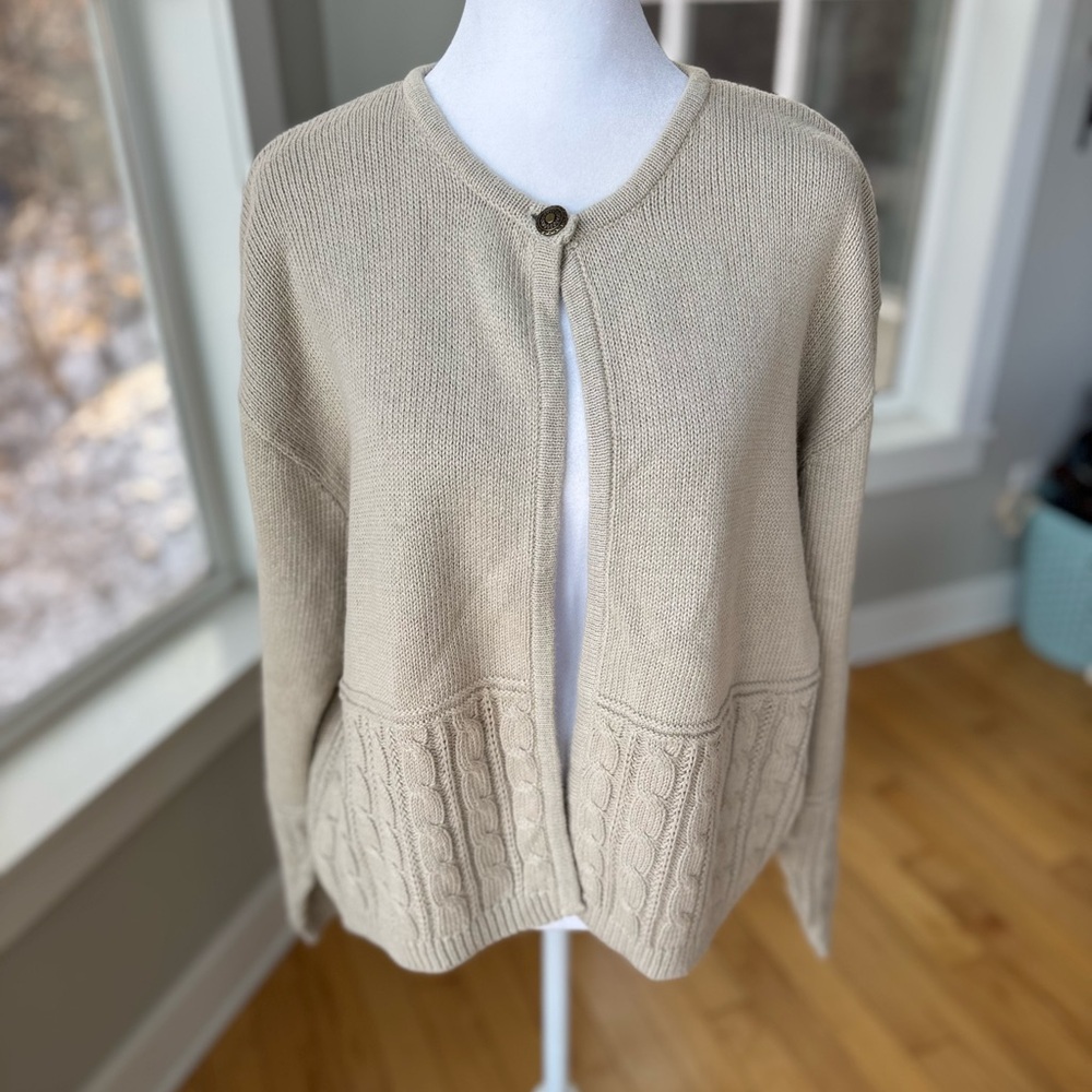 Vintage 90s Christopher & Banks Tan Taupe Cableknit Crewneck Cardigan Sweater L